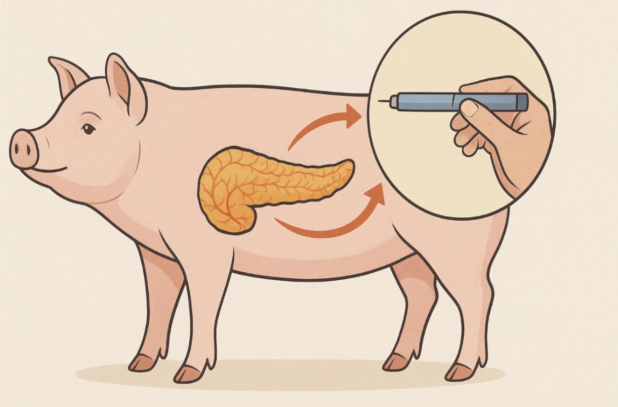 Pig Pancreas Turned into Insulin A diagram of a pig pancreas being turned into an insulin product.